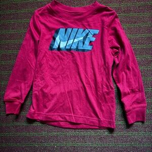 Nike Boys’ Red Long Sleeve “Nike” Logo Tee – Size 5 (4–5 Years)